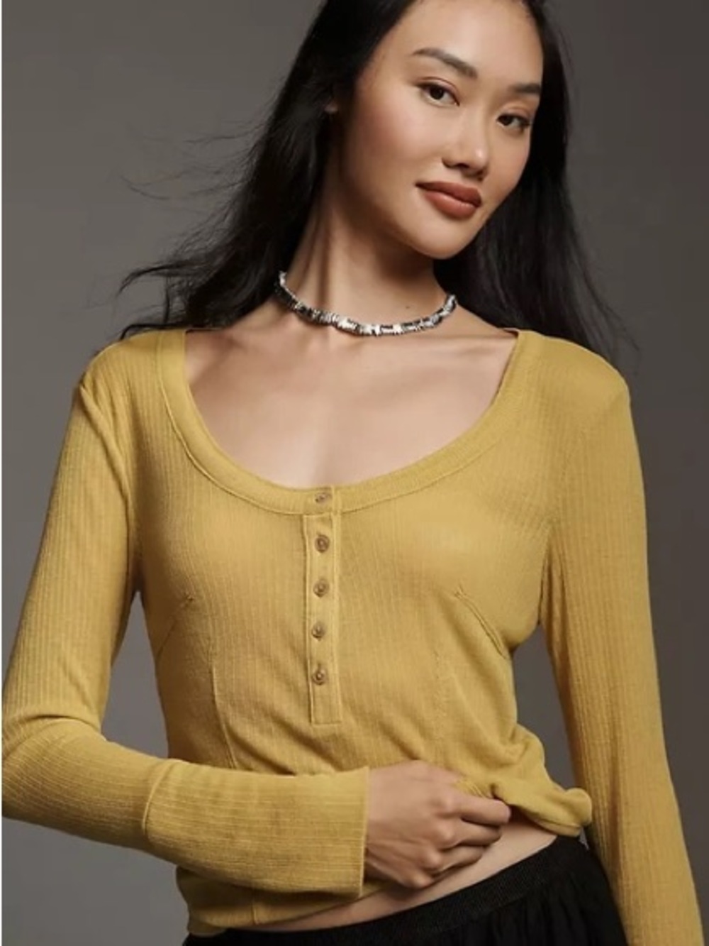 Pilcro Andie Ribbed Tissue Henley Long-Sleeve Top